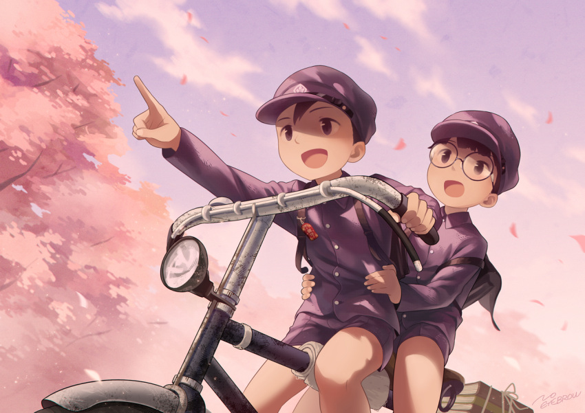 2boys :d backpack bag bicycle cherry_blossoms commentary gakuran glasses ground_vehicle hat male_focus multiple_boys multiple_riders noeyebrow_(mauve) omamori open_mouth original outdoors pointing round_eyewear school_uniform short_shorts shorts smile spring_(season)