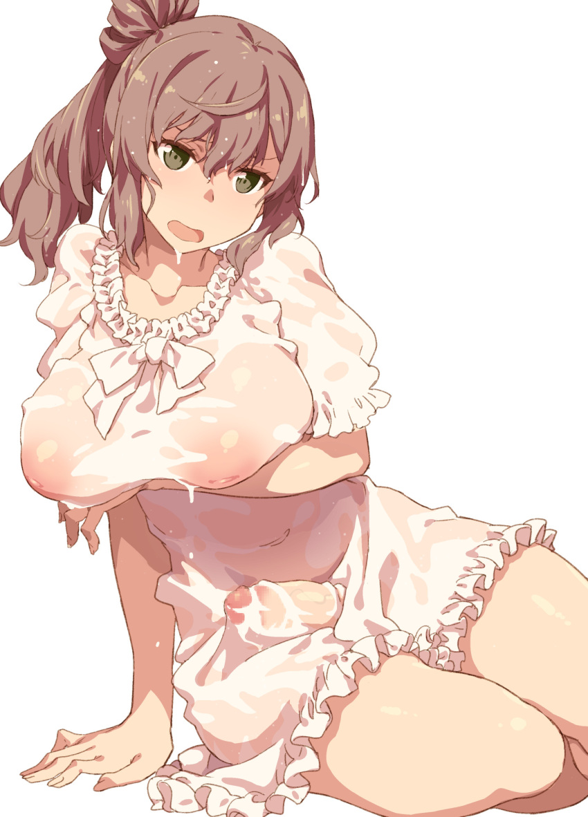 1girl arm_support breasts censored character_request commentary_request covered_navel cum dress futanari green_eyes highres inverted_nipples kantai_collection large_breasts mosaic_censoring open_mouth penis puffy_short_sleeves puffy_sleeves see-through short_hair short_sleeves simple_background sitting solo takemura_sesshuu thighs wet wet_clothes white_background white_dress