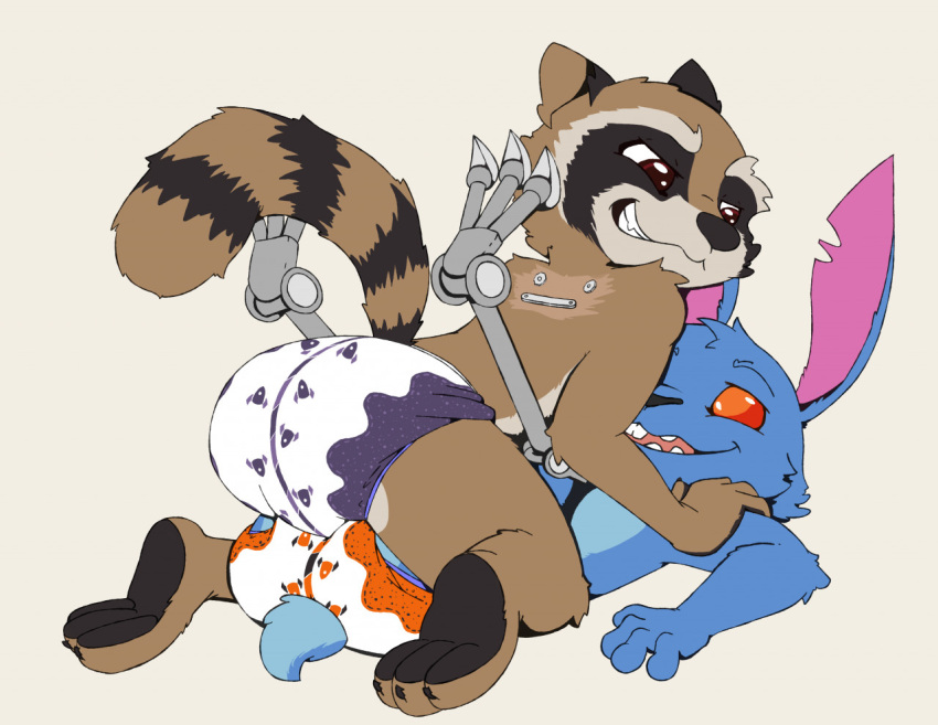 anthro better_version_at_source blackjack_o'hare butt diaper duo frottage grinding guardians_of_the_galaxy hare kuuneho lagomorph leporid male male/male mammal marvel pinned_to_floor procyonid prosthetic rabbit raccoon rocket_raccoon sex smile