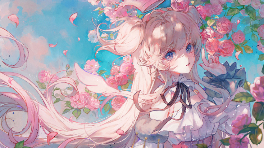 amamori_naco angel blanche_fleur blonde_hair blue_eyes braids close clouds crown flowers halo long_hair maccha_(mochancc) petals sky wings