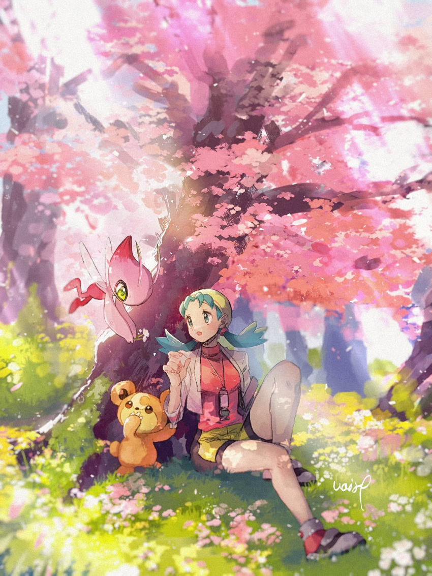 1girl against_tree alternate_color bangs bike_shorts blurry celebi cherry_blossoms commentary_request cropped_jacket day eyelashes gen_2_pokemon grass green_eyes green_hair hair_tie hanenbo highres jacket kris_(pokemon) light_beam long_hair looking_to_the_side mythical_pokemon open_clothes open_jacket outdoors pokemon pokemon_(creature) pokemon_(game) pokemon_gsc shiny_pokemon shoes signature sitting teddiursa tied_hair tree twintails