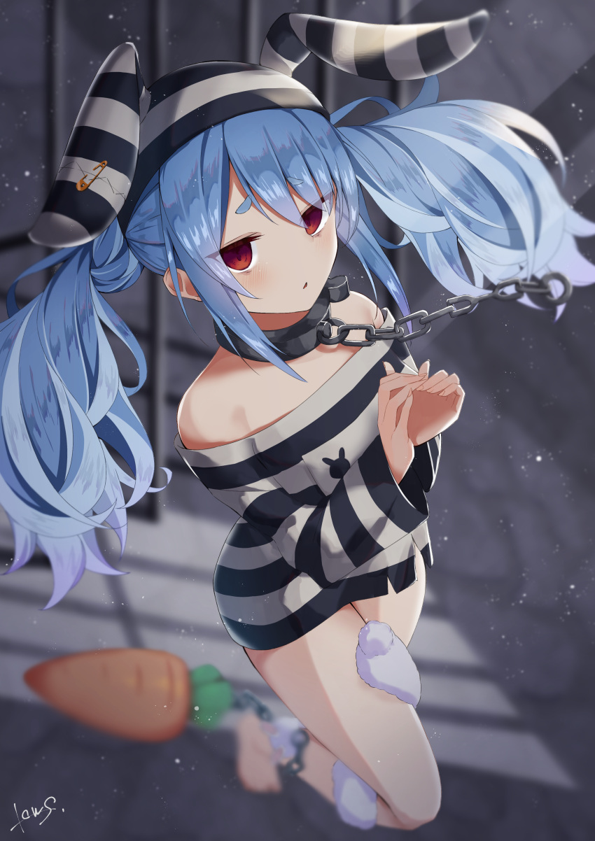 1girl :o absurdres animal_ears bangs blue_hair blurry blurry_background blush bottomless breasts bunny_ears carrot chain collar cuffs depth_of_field empty_eyes extra_ears eyebrows_visible_through_hair eyes_visible_through_hair floating_hair hands_together hands_up highres hololive indoors jitome long_hair looking_at_viewer lows. off-shoulder_shirt off_shoulder official_alternate_costume red_eyes shackles shirt sidelocks signature small_breasts solo striped striped_headwear striped_shirt twintails usada_pekora very_long_hair virtual_youtuber