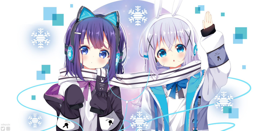 2girls animal_ears arm_up artist_name bangs black_jacket blue_bow blue_eyes bow bunny_ear_headphones bunny_ears cat_ear_headphones cat_ears chestnut_mouth closed_mouth commentary_request deyui eyebrows_visible_through_hair fake_animal_ears fringe_trim fuiba_fuyu gochuumon_wa_usagi_desu_ka? grey_hair hair_between_eyes hair_ornament hands_up headphones jacket kafuu_chino long_sleeves looking_at_viewer multiple_girls off_shoulder open_clothes open_jacket parted_lips puffy_long_sleeves puffy_sleeves purple_hair scarf shared_scarf shirt sleeves_past_fingers sleeves_past_wrists snowflake_background white_jacket white_scarf white_shirt x_hair_ornament