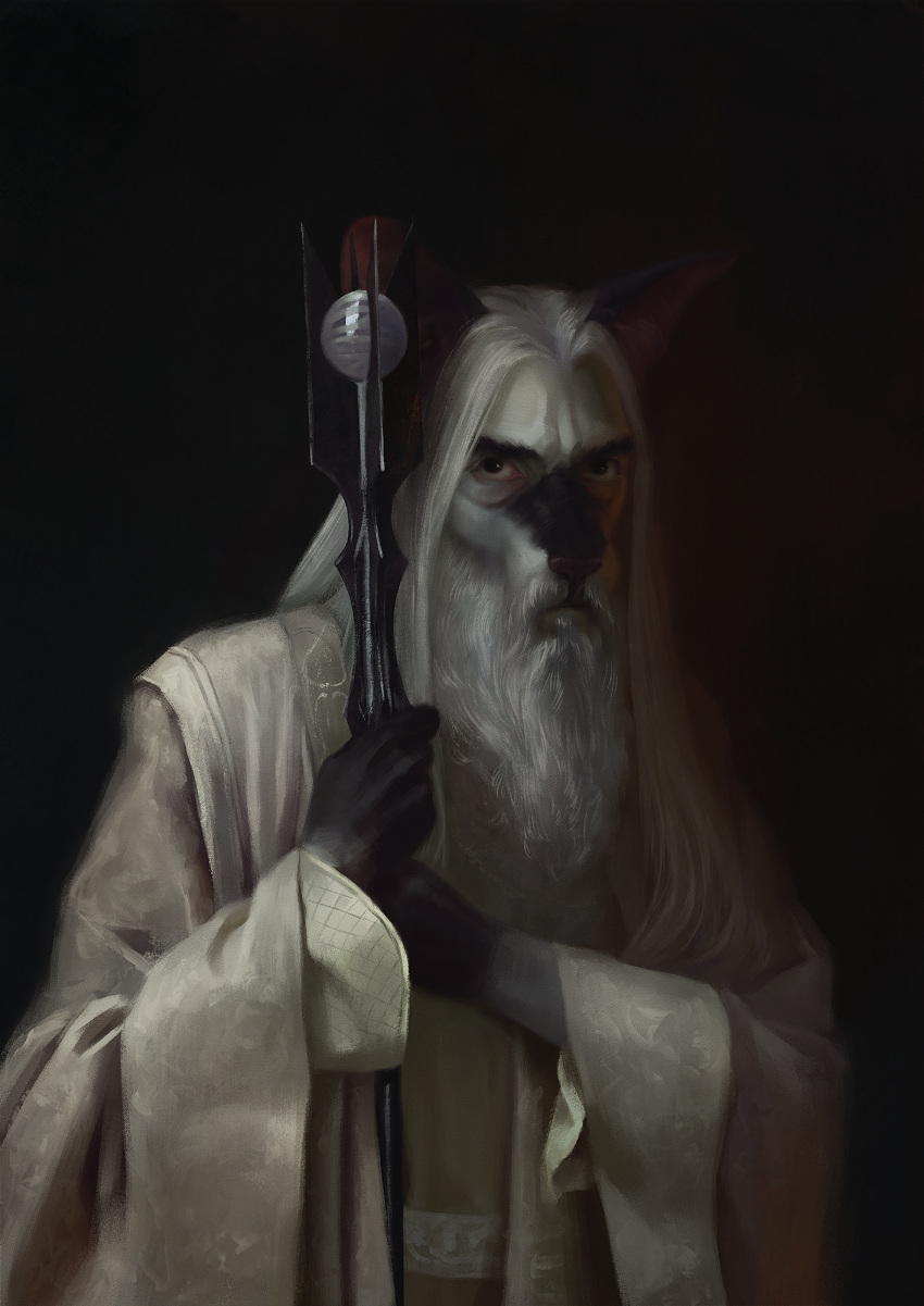 2021 alternate_species anthro beard black_hair bra1neater canid canine clothed clothing digital_media_(artwork) facial_hair hair hi_res holding_object j._r._r._tolkien looking_at_viewer male mammal middle-earth_(tolkien) saruman solo staff the_lord_of_the_rings white_hair