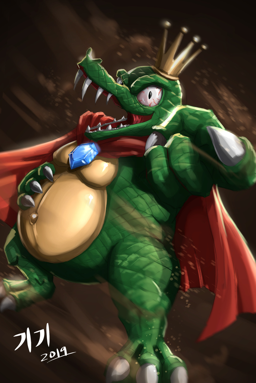 2019 3_toes 4_fingers absurd_res anthro belly big_belly biped cape cape_only claws clothing crocodile crocodilian crocodylid crown dated digital_media_(artwork) donkey_kong_(series) dutch_angle fangs featureless_crotch feet fingers front_view full-length_portrait green_body green_scales hand_on_stomach hi_res holding_belly kikisnowpaw king king_k._rool kremling looking_at_viewer male mostly_nude navel nintendo open_mouth open_smile outie_navel overweight overweight_anthro overweight_male pecs plantigrade portrait reptile royalty scales scalie sharp_teeth signature smile solo standing teeth toe_claws toes video_games white_claws