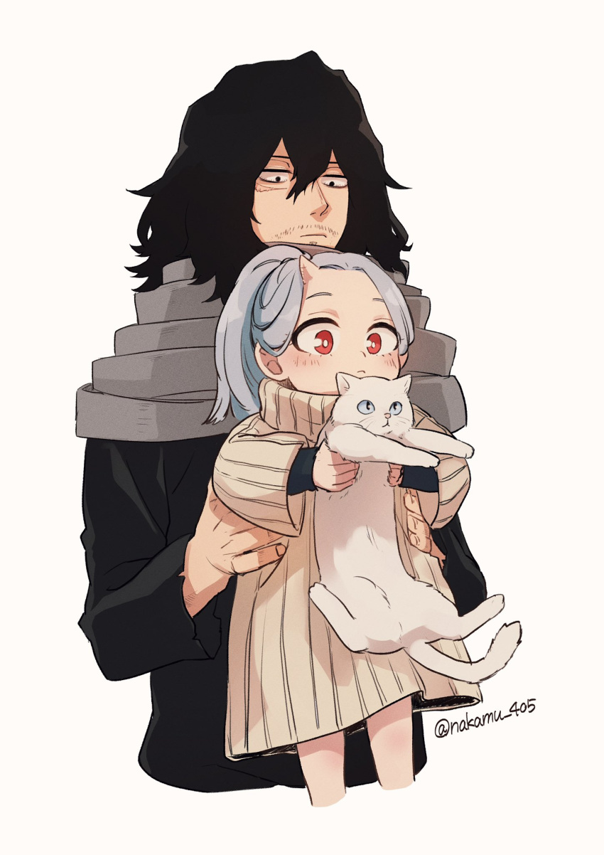 1boy 1girl aizawa_shouta animal black_eyes black_hair black_shirt boku_no_hero_academia cat child eri_(boku_no_hero_academia) facial_hair grey_hair hair_between_eyes highres holding holding_animal holding_cat holding_person horns messy_hair nakamu_405 red_eyes scar scar_on_face shirt single_horn