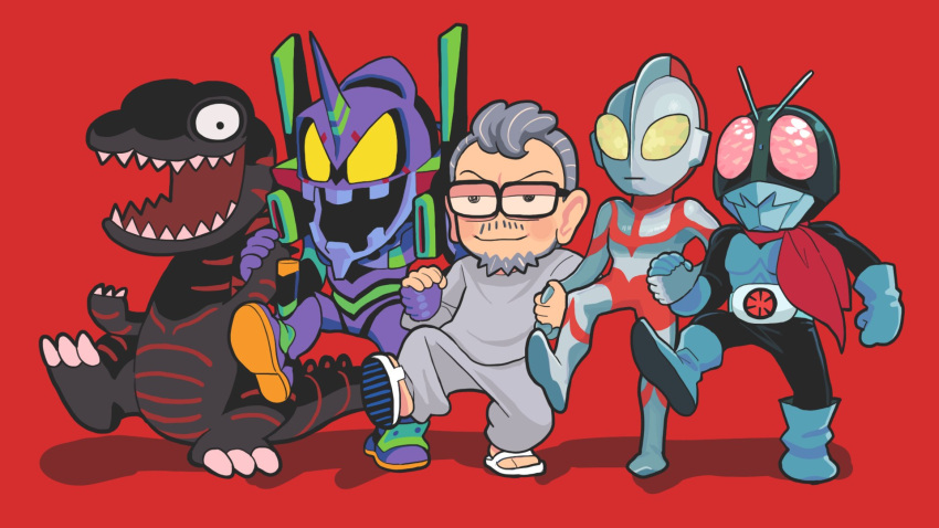 3boys anno_hideaki_(character) beard chibi clenched_hand creator_connection eva_01 facial_hair gashi-gashi glasses godzilla godzilla_(series) godzilla_(shin) grey_hair highres horns kaijuu kamen_rider kamen_rider_1 locked_arms mecha multiple_boys mustache neon_genesis_evangelion open_mouth real_life red_background red_eyes sharp_teeth shin_godzilla shin_kamen_rider shin_ultraman single_horn smug symbol_commentary teeth tokusatsu ultra_series ultraman yellow_eyes