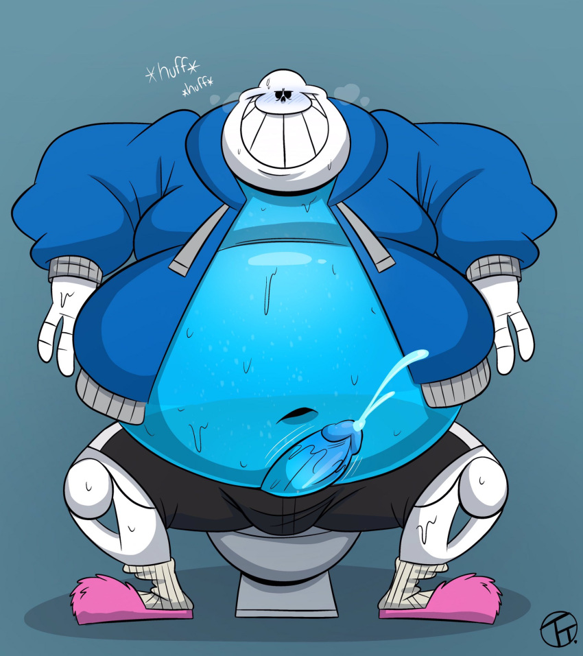 2021 alternate_version_at_source animated_skeleton anterior_nasal_aperture belly big_belly blue_background blue_body blue_clothing blue_glans blue_hoodie blue_penis blue_topwear blush bodily_fluids bone bottomwear breath bulge clothing cum cumshot ejaculation erection genital_fluids genitals glans glistening glistening_body glistening_genitalia glistening_glans glistening_penis grin hi_res hoodie humanoid humanoid_genitalia humanoid_penis looking_at_viewer male navel not_furry orgasm overweight overweight_humanoid overweight_male panting penis sans_(undertale) shorts simple_background sitting skeleton smile solo spread_legs spreading sweat teeth text toilet toony topwear trashtoonz undead undertale video_games white_body