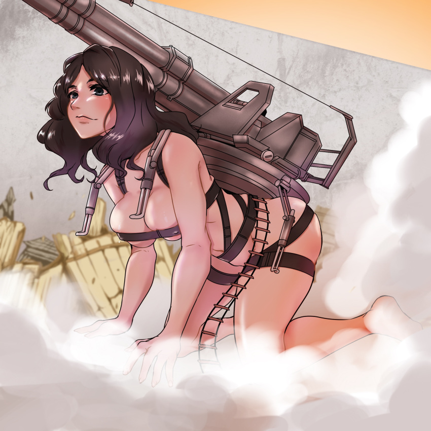 1girl all_fours black_hair blue_eyes blush breast_strap breasts cannon cart_titan cleavage commentary_request giant giantess highres large_breasts long_hair memento_mori_(appler7) naked_ribbon pieck ribbon rope_ladder shingeki_no_kyojin smoke solo wall