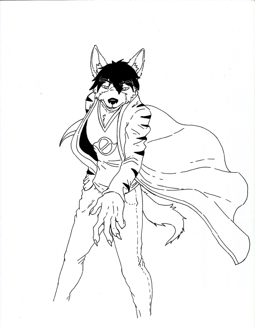 absurd_res anthro balls big_balls canid canine canis cape clothing edgy fan_character genitals hair hi_res long_ears long_hair long_legs male mammal slim solo sybervenn traditional_media_(artwork) wolf