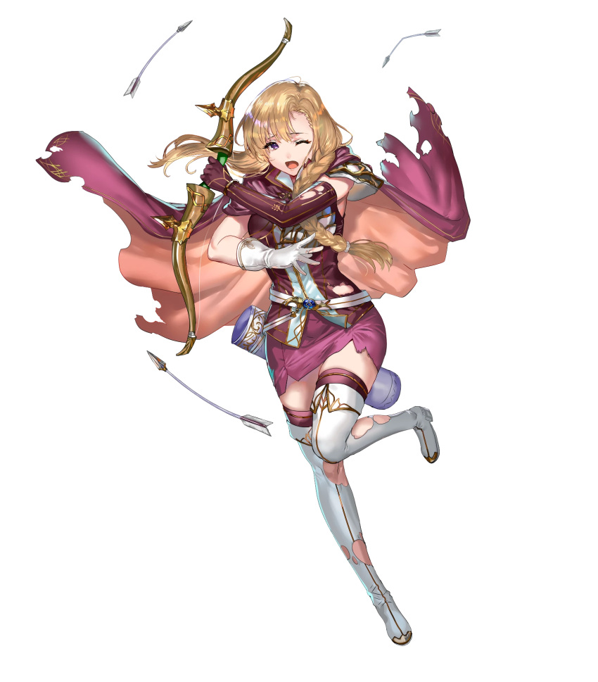 1girl armor arrow_(projectile) asymmetrical_gloves bangs belt blonde_hair boots bow_(weapon) braid cape elbow_gloves fire_emblem fire_emblem:_the_blazing_blade fire_emblem_heroes full_body gloves gold_trim highres holding holding_bow_(weapon) holding_weapon leg_up long_hair looking_away louise_(fire_emblem) official_art one_eye_closed open_mouth purple_eyes purple_gloves purple_legwear quiver ran'ou_(tamago_no_kimi) shiny shiny_hair shoulder_armor skirt sleeveless solo thigh_boots thighhighs tied_hair torn_clothes transparent_background weapon white_footwear white_gloves zettai_ryouiki