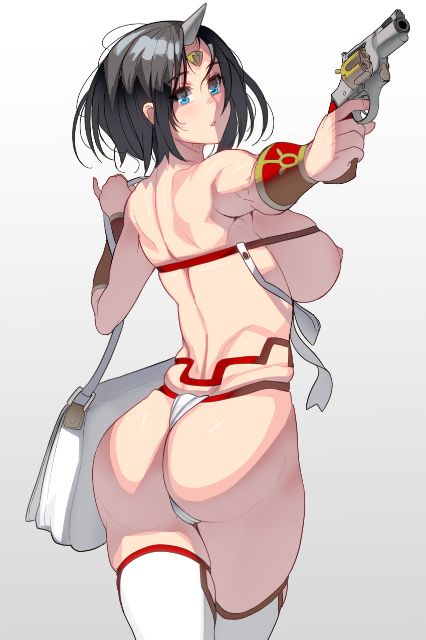 1girl absurdres aiming ass back bag bangs bare_back black_hair blue_eyes breasts commentary_request fundoshi gradient gradient_background gun hands_up highres holding holding_gun holding_weapon horns japanese_clothes large_breasts masao nipples nude original parted_lips revealing_clothes revolver short_hair shoulder_bag sideboob simple_background single_horn skindentation solo thighhighs weapon white_legwear