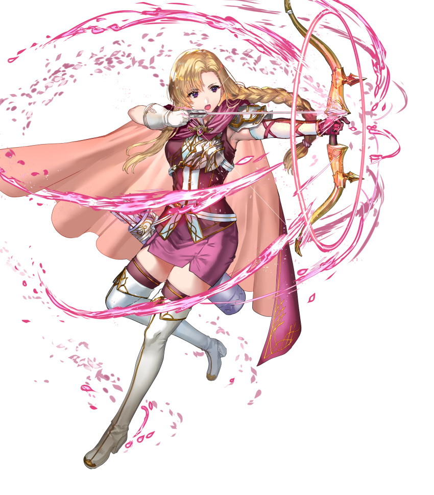 1girl armor armpits arrow_(projectile) asymmetrical_gloves bangs blonde_hair boots bow_(weapon) braid cape elbow_gloves fire_emblem fire_emblem:_the_blazing_blade fire_emblem_heroes full_body gloves glowing glowing_weapon highres holding holding_bow_(weapon) holding_weapon long_hair looking_away louise_(fire_emblem) official_art open_mouth purple_eyes purple_legwear quiver ran'ou_(tamago_no_kimi) shiny shiny_hair shoulder_armor skirt sleeveless solo thigh_boots thighhighs tied_hair transparent_background weapon white_footwear white_gloves zettai_ryouiki