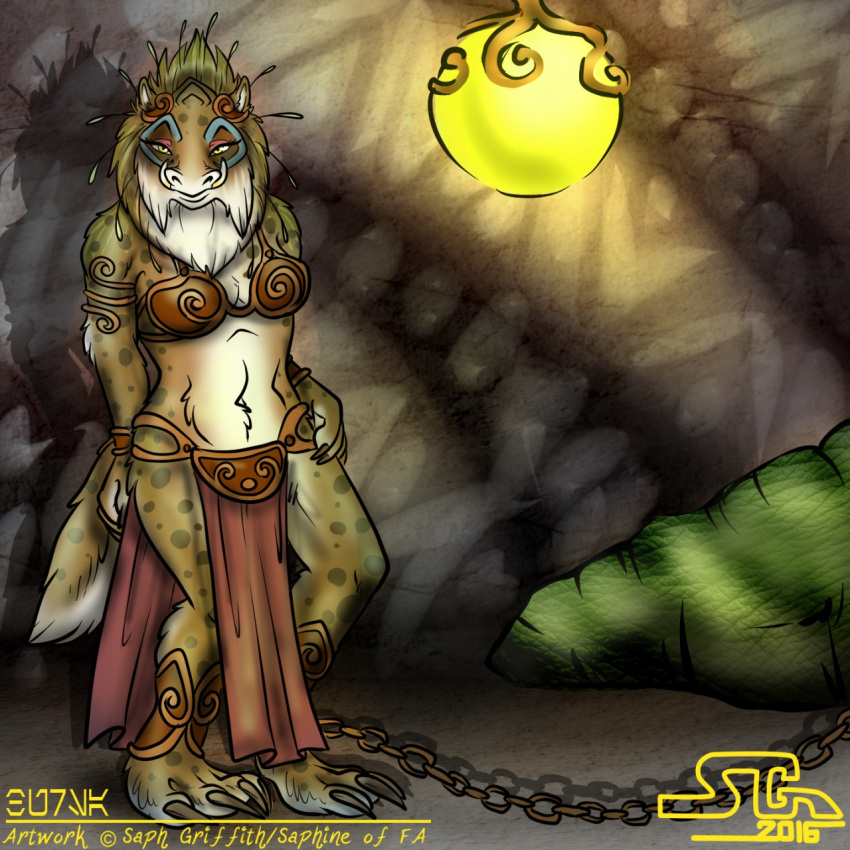 2016 anthro anthrofied bottomwear bra breasts bursa chain cleavage clothed clothing female full-length_portrait hand_on_hip hi_res loincloth mammal portrait saphine slave_leia solo spots standing star_wars underwear