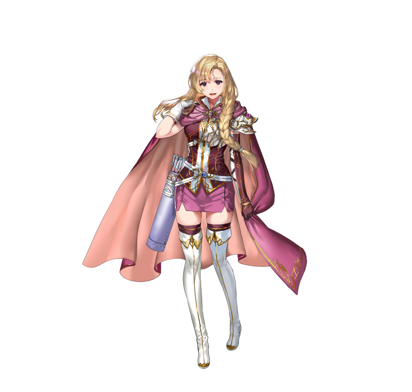 1girl absurdres armor arrow_(projectile) asymmetrical_gloves bangs belt blonde_hair boots braid cape commentary_request elbow_gloves fire_emblem fire_emblem:_the_blazing_blade fire_emblem_heroes full_body gloves highres long_hair looking_at_viewer louise_(fire_emblem) official_art open_mouth purple_eyes purple_legwear quiver ran'ou_(tamago_no_kimi) shiny shiny_hair shoulder_armor skirt sleeveless smile solo standing thigh_boots thighhighs tied_hair white_background white_footwear zettai_ryouiki