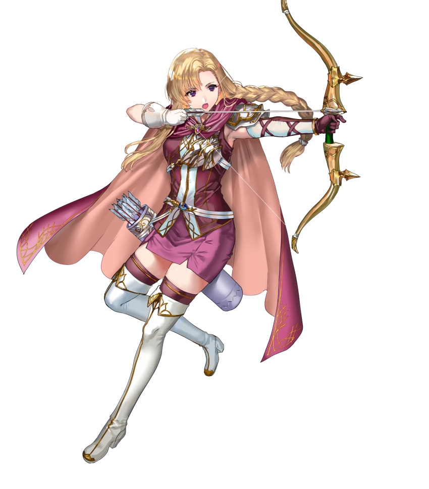 1girl armor armpits arrow_(projectile) asymmetrical_gloves bangs blonde_hair boots bow_(weapon) braid cape elbow_gloves fire_emblem fire_emblem:_the_blazing_blade fire_emblem_heroes full_body gloves highres holding holding_bow_(weapon) holding_weapon long_hair looking_away louise_(fire_emblem) official_art open_mouth purple_eyes purple_legwear quiver ran'ou_(tamago_no_kimi) shiny shiny_hair shoulder_armor skirt sleeveless solo thigh_boots thighhighs tied_hair transparent_background weapon white_footwear white_gloves zettai_ryouiki
