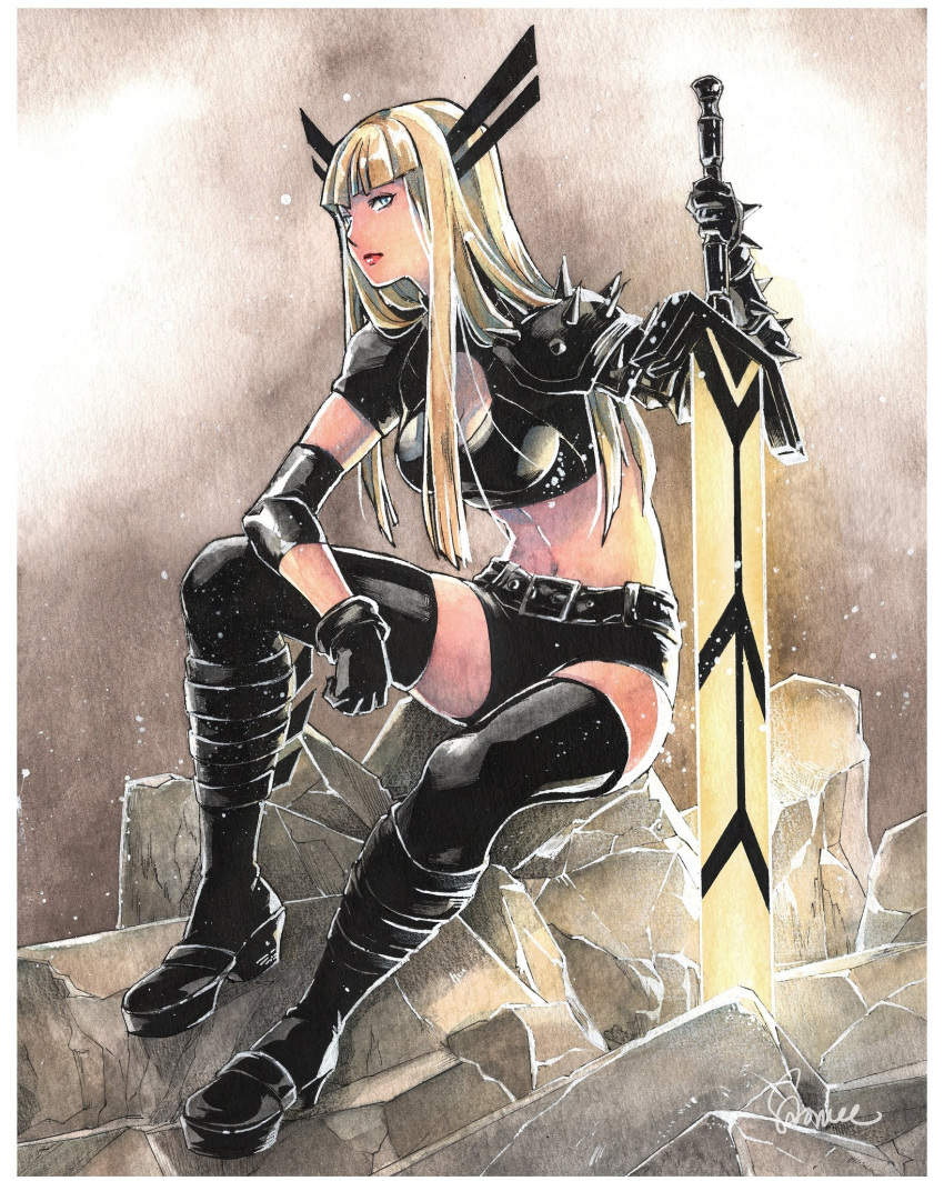 1girl armor blonde_hair blue_eyes boots cleavage_cutout clothing_cutout gloves headgear highres illyana_rasputina long_hair magik_(x-men) midriff navel new_mutants pauldrons sao_(saowee) short_shorts shorts shoulder_armor solo sword thigh_boots thighhighs traditional_media watercolor_(medium) weapon x-men zweihander