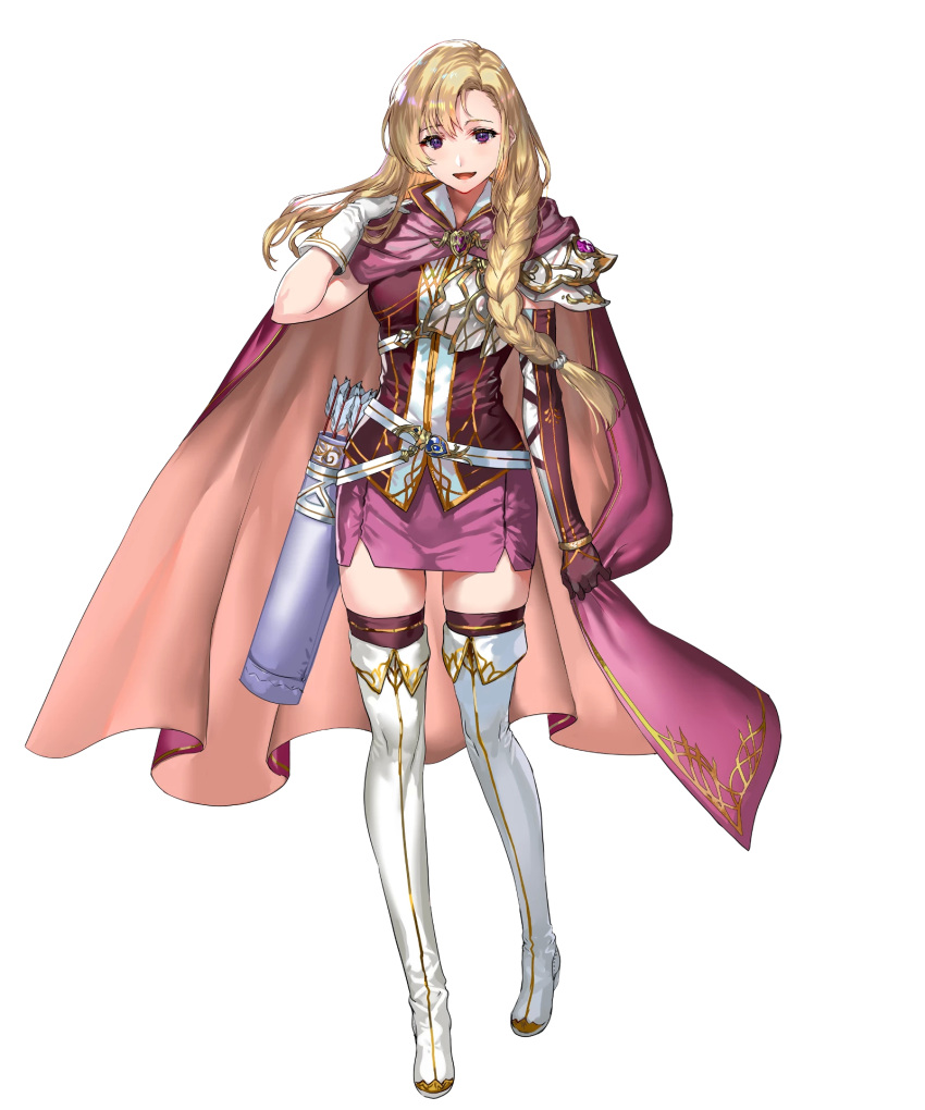 1girl armor arrow_(projectile) asymmetrical_gloves bangs belt blonde_hair boots braid cape elbow_gloves fire_emblem fire_emblem:_the_blazing_blade fire_emblem_heroes full_body gloves highres long_hair looking_at_viewer louise_(fire_emblem) official_art open_mouth purple_eyes purple_legwear quiver ran'ou_(tamago_no_kimi) shiny shiny_hair shoulder_armor skirt sleeveless smile solo standing thigh_boots thighhighs tied_hair transparent_background white_footwear zettai_ryouiki