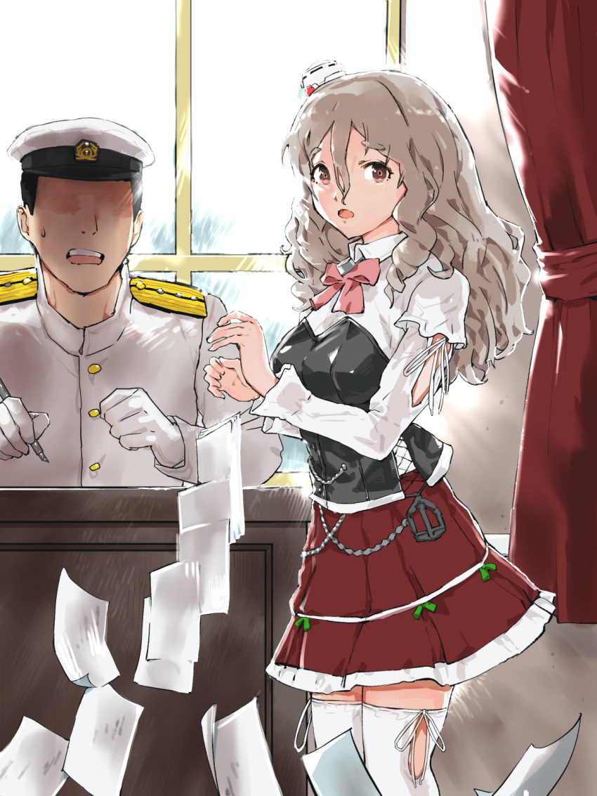 1boy 1girl admiral_(kancolle) bow bowtie brown_eyes commentary_request corset desk faceless faceless_male fountain_pen grey_hair hat highres igarasy kantai_collection mini_hat miniskirt paper pen pola_(kancolle) red_skirt shirt skirt thick_eyebrows thighhighs tilted_headwear wavy_hair white_legwear white_shirt window