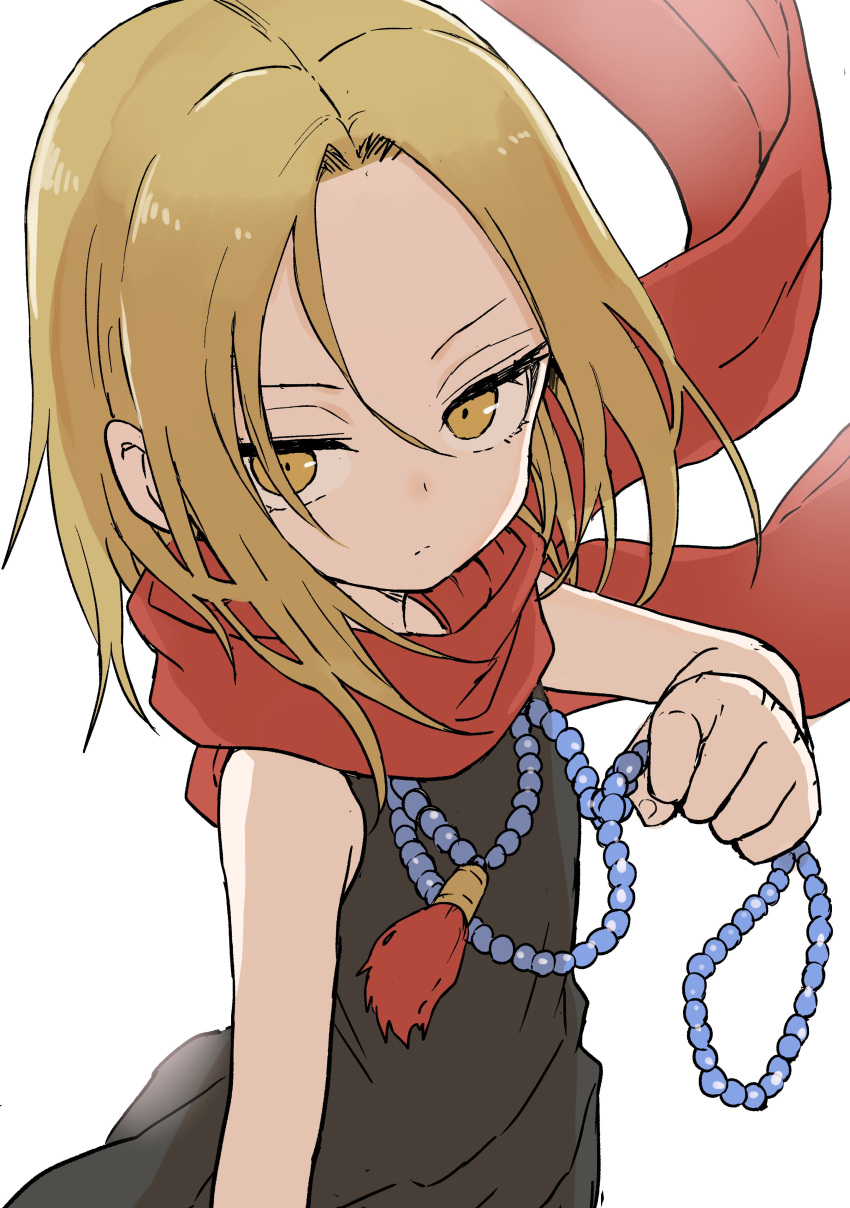 1girl absurdres black_dress blonde_hair closed_mouth commentary_request dress forehead hair_between_eyes highres jewelry kyouyama_anna looking_at_viewer necklace red_scarf scarf shaman_king short_hair simple_background sleeveless sleeveless_dress solo white_background yamamoto_souichirou yellow_eyes