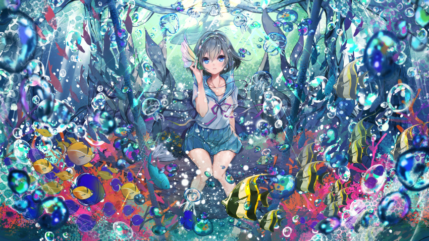 animal bubbles fish original school_uniform see_through umi_no_mizu underwater water