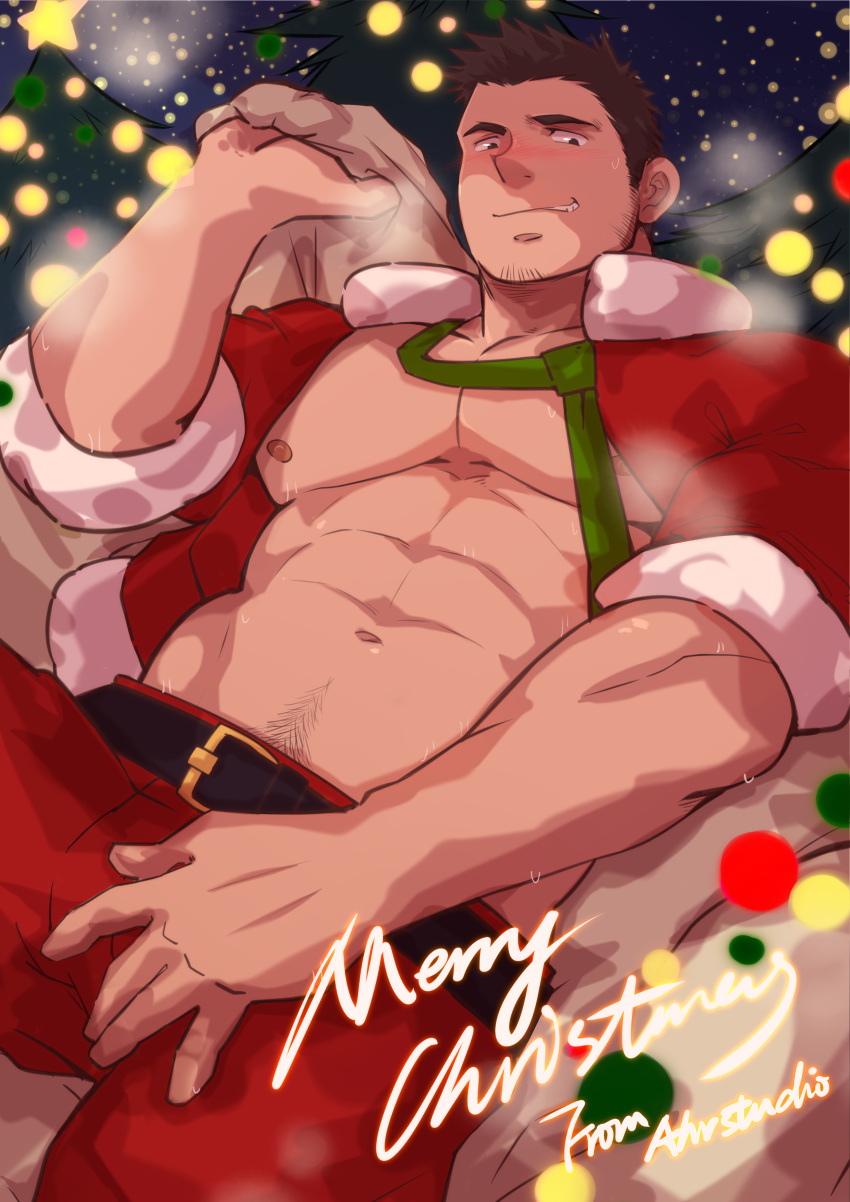1boy abs absurdres ahr_studio bara bare_pecs blush bulge christmas cowboy_shot facial_hair from_below fur-trimmed_jacket fur_trim highres jacket large_pectorals looking_at_viewer male_focus mature_male merry_christmas muscular muscular_male navel navel_hair necktie necktie_removed nipples open_clothes open_jacket original pants red_jacket red_pants santa_costume short_hair sideburns sleeves_rolled_up solo stomach stubble thick_thighs thighs