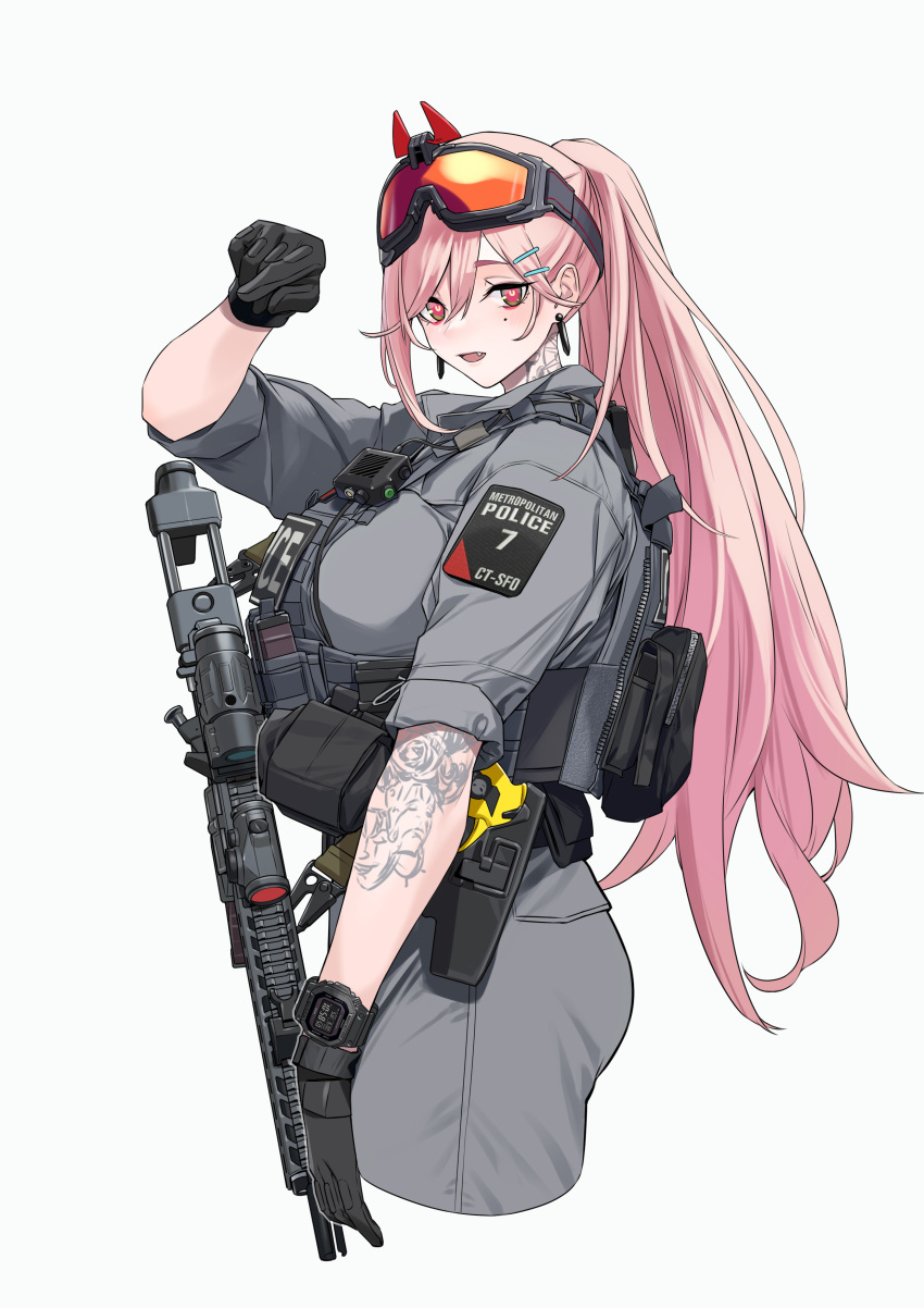 1girl absurdres arm_tattoo black_gloves breasts girls_frontline gloves gun hair_ornament hairclip highres large_breasts long_hair looking_at_viewer mole mole_under_eye open_mouth pink_hair police police_badge police_uniform ponytail red_eyes sig_mcx_(girls_frontline) simple_background tactical_clothes tattoo uniform weapon yitiao_er-hua