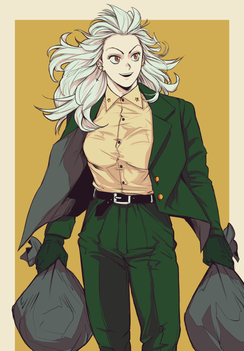 1girl absurdres belt blazer breasts buckle buttons collared_shirt dorohedoro dress_shirt earrings florencia formal gloves green_jacket highres jacket jewelry large_breasts long_hair looking_to_the_side messy_hair noi_(dorohedoro) open_mouth red_eyes shirt simple_background slacks smile star_(symbol) suit tan_shirt trash_bag walking white_background white_hair yellow_background