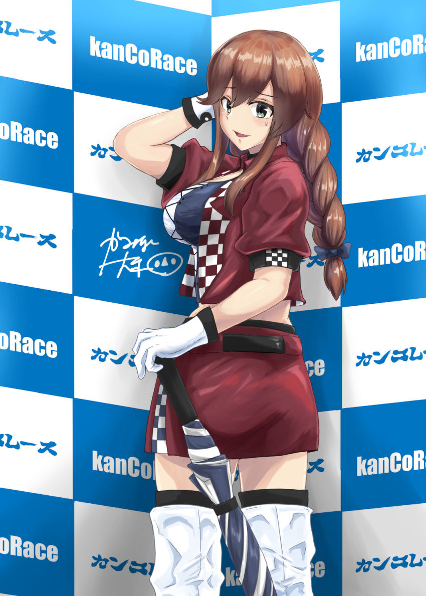 1girl alternate_costume bangs boots braid breasts brown_hair checkered checkered_background gloves green_eyes highres jacket kaminashi_yamato kantai_collection large_breasts midriff miniskirt noshiro_(kancolle) race_queen red_jacket red_skirt short_sleeves skirt solo swept_bangs thigh_boots thighhighs twin_braids white_footwear white_gloves