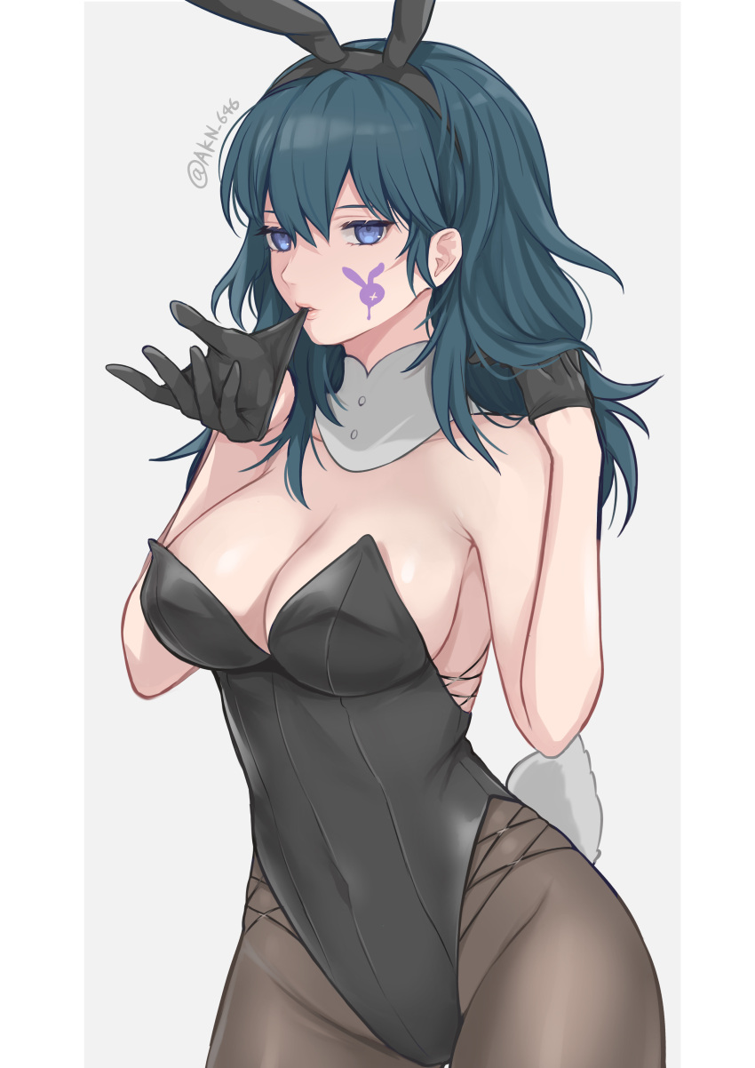 1girl absurdres animal_ears artist_name bangs bare_arms bare_shoulders biting black_gloves black_hairband black_leotard blue_eyes blue_hair breasts bunny_ears bunny_tail byleth_(fire_emblem) byleth_(fire_emblem)_(female) cleavage commentary_request covered_navel cowboy_shot facial_mark fake_animal_ears fake_tail fire_emblem fire_emblem:_three_houses glove_biting gloves groin hair_between_eyes hairband hands_up highres large_breasts leotard long_hair looking_at_viewer mouth_hold pantyhose playboy_bunny shimizu_akina solo strapless strapless_leotard tail twitter_username