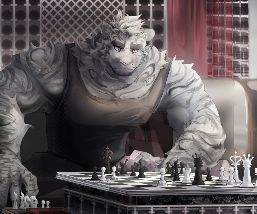 1boy animal_ears arknights bara bare_shoulders black_tank_top board_game chess chess_piece chessboard couch covered_nipples fluffy furry highres large_pectorals male_focus mountain_(arknights) muscular muscular_male on_couch pout scar scar_across_eye short_hair sidepec sitting solo solomon_(solosolosolomon) tail tank_top thick_eyebrows tiger_boy tiger_ears tiger_tail white_fur white_hair