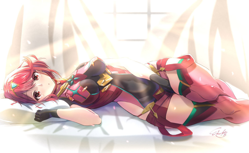 bangs bed black_gloves breasts chest_jewel earrings fingerless_gloves gloves highres jewelry l-phy large_breasts pyra_(xenoblade) red_eyes red_hair red_legwear red_shorts short_hair short_shorts shorts swept_bangs thighhighs tiara xenoblade_chronicles_(series) xenoblade_chronicles_2