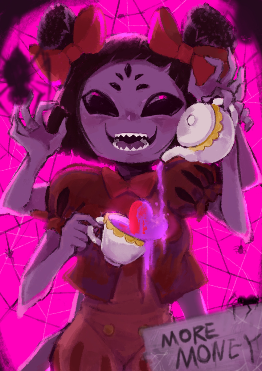 1girl absurdres arthropod_girl backlighting black_eyes black_hair blank_eyes blueberry_tea blurry blurry_foreground blush bow bowtie breasts bug colored_skin commentary cup english_commentary english_text extra_arms extra_eyes hair_bow hands_up happy heart highres holding holding_cup holding_teapot light_blush muffet open_mouth pink_background pink_theme pouring puffy_short_sleeves puffy_shorts puffy_sleeves purple_skin red_bow red_neckwear red_shirt red_shorts sharp_teeth shirt short_hair short_sleeves short_twintails shorts sign silk small_breasts smile solo spider spider_girl spider_web standing straight-on teacup teapot teeth tied_hair tongue twintails undertale