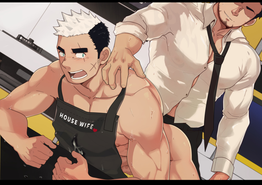 2boys abs absurdres ahr_studio all_fours alternate_costume apron ass bara bare_pecs bare_shoulders beard black_apron black_pants blush bursting_pecs couple cum cum_on_clothes facial_hair formal goatee green_eyes gyee hand_on_another's_shoulder head_out_of_frame highres imminent_sex indoors kitchen large_pectorals male_cleavage male_focus mature_male midriff_peek multicolored_hair multiple_boys muscular muscular_male naked_apron necktie necktie_removed nipples pants pectorals priapus priapus_a._tarou purple_hair reward_available scar scar_across_eye scar_on_cheek scar_on_face shirt short_hair sideburns sleeves_rolled_up smirk spiked_hair two-tone_hair white_shirt yan_(gyee) yaoi