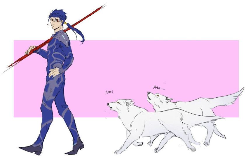 1boy 2others armor blue_bodysuit blue_hair bodysuit closed_mouth cu_chulainn_(fate)_(all) dog earrings fate/stay_night fate_(series) floating_hair from_side full_body gae_bolg_(fate) hand_on_hip holding holding_polearm holding_weapon iash jewelry lancer long_hair looking_at_another male_focus multiple_others muscular muscular_male pauldrons polearm ponytail red_eyes shoulder_armor skin_tight spiked_hair walking weapon white_wolf wolf