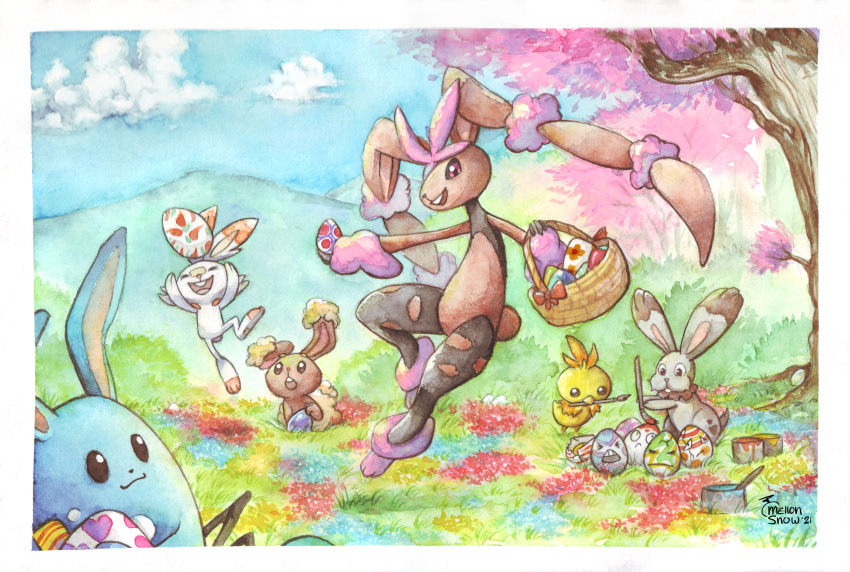 absurdres alternate_color azumarill basket beak buck_teeth buneary bunnelby easter easter_egg egg exeggcute flower gen_1_pokemon gen_2_pokemon gen_3_pokemon gen_4_pokemon gen_6_pokemon gen_8_pokemon grass highres huge_filesize jumping lopunny mega_lopunny mega_pokemon mellonsnow mountain mountainous_horizon no_humans open_mouth paint paint_can paintbrush pokemon pokemon_(creature) round_teeth scorbunny shiny_pokemon smile teeth torchic tree