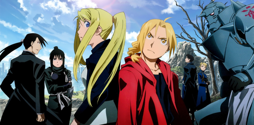 alphonse_elric armor back-to-back black_hair black_jacket blonde_hair blue_eyes cloud cloudy_sky edward_elric full_armor fullmetal_alchemist highres jacket lan_fan ling_yao official_art ponytail red_jacket riza_hawkeye roy_mustang sky third-party_edit winry_rockbell yellow_eyes