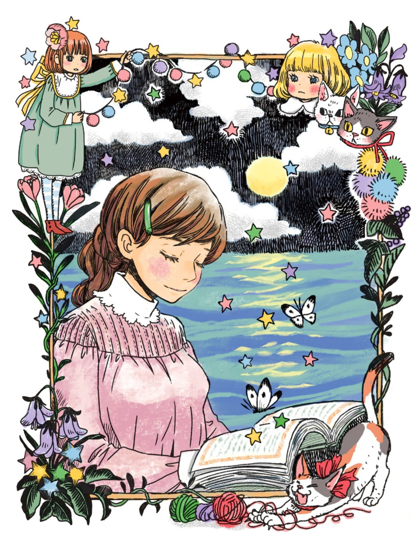 3girls alternate_costume alternate_hairstyle animal ankle_boots bell blonde_hair blue_flower blush bob_cut book boots border brown_hair bug butterfly cat chibi chibi_inset closed_eyes closed_mouth cloud cloudy_sky cropped_shoulders dot_nose dress eyelashes facing_viewer flat_chest flower full_body full_moon green_dress hair_flower hair_ornament hairclip happy head_down high_collar highres holding holding_book horizontal_stripes insect kawamoto_akari kawamoto_hinata kawamoto_momo leaf light_brown_hair light_smile long_sleeves moon moonlight multiple_girls night night_sky open_book pantyhose parted_lips pink_flower plant pom_pom_(clothes) ponytail purple_flower red_footwear reflection reflective_water sangatsu_no_lion siblings sisters sky star_(symbol) stretch string_of_light_bulbs striped striped_legwear umino_chika upper_body water white_border white_legwear yarn yawning