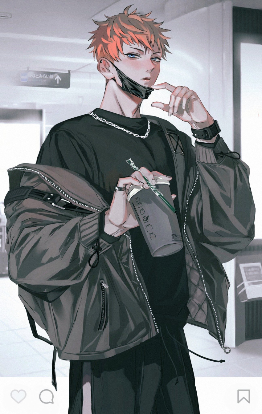 1boy alternate_costume black_jacket black_pants black_shirt blue_eyes busujima_riou_mason chain_necklace coffee_cup commentary_request cowboy_shot cup disposable_cup drawstring drinking_straw ear_piercing fingernails highres holding holding_cup hypnosis_mic jacket jewelry long_sleeves looking_at_viewer male_focus mask mask_pull mouth_mask orange_hair pants piercing pinky_ring pocket ring shirt short_hair solo standing tokeru undercut unzipped watch wristwatch zipper