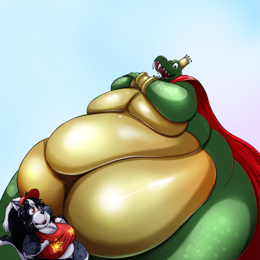 1:1 2018 anthro belly big_belly big_pecs biped cape cape_only clothed clothing crocodile crocodilian crocodylid crown digital_media_(artwork) domestic_cat donkey_kong_(series) fangs felid feline felis green_body green_scales hi_res huge_thighs hyper hyper_belly king_k._rool kremling macro male mammal morbidly_obese morbidly_obese_anthro morbidly_obese_male mostly_nude nintendo obese obese_anthro obese_male open_mouth open_smile overweight overweight_anthro overweight_male pecs plantigrade reptile scales scalie sharp_teeth shenzel shenzel_(shenzel) size_difference smile solo teeth thick_thighs video_games