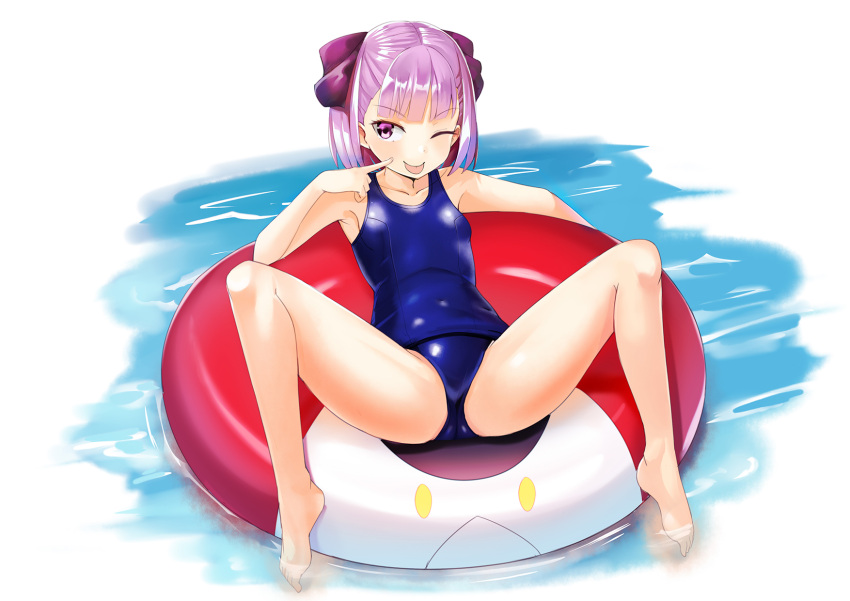 1girl bangs bare_shoulders blue_swimsuit breasts collarbone covered_navel fate/grand_order fate_(series) goggles goggles_on_head helena_blavatsky_(fate) helena_blavatsky_(swimsuit_archer)_(fate) highres innertube looking_at_viewer one-piece_swimsuit purple_eyes purple_hair school_swimsuit senbon_tsuki short_hair sitting small_breasts spread_legs swimsuit thighs