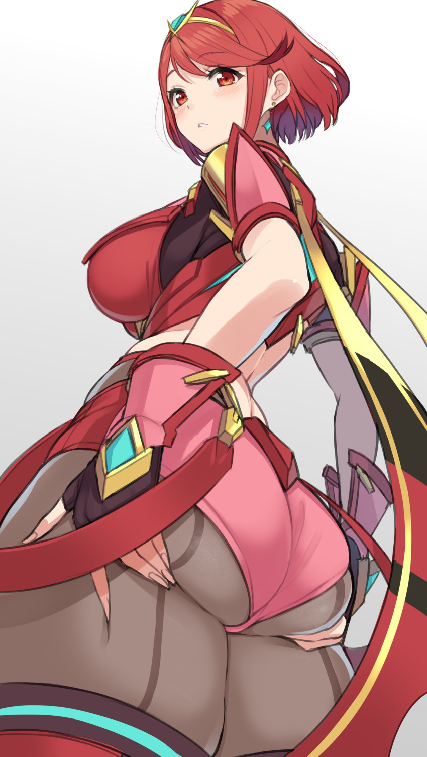 1girl absurdres bangs black_gloves breasts earrings fingerless_gloves gloves highres jewelry large_breasts leggings pyra_(xenoblade) red_eyes red_hair red_legwear red_shorts short_hair short_shorts shorts simple_background solo super_smash_bros. swept_bangs thighhighs tiara white_background xenoblade_chronicles_(series) xenoblade_chronicles_2 yuuki_shin