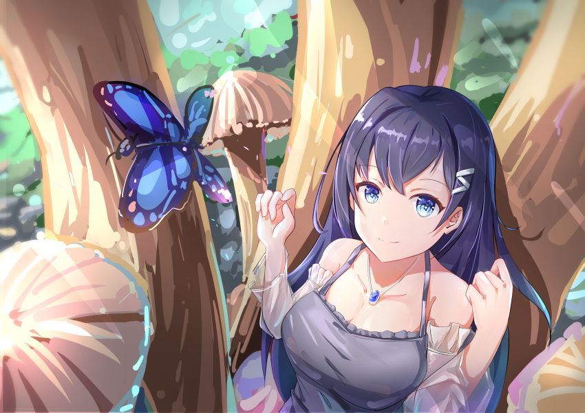 1girl absurdres blue_butterfly blue_eyes blue_hair breasts bug butterfly cleavage clenched_hands collarbone detached_sleeves grey_tank_top hair_behind_ear highres hololive hololive_china insect large_breasts mie_xiao_ya mushroom rosalyn_(hololive) see-through_sleeves smile solo tank_top tree virtual_youtuber