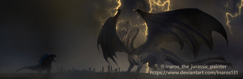 bioluminescence claws deviantart_username dragon giant giant_monster glowing glowing_eyes glowing_mouth godzilla godzilla:_king_of_the_monsters godzilla_(2014) godzilla_(legendary) godzilla_(series) godzilla_final_wars gold_skin highres horns inaros131 instagram_username kaijuu keizer_ghidorah monster multiple_heads no_humans open_mouth red_eyes scales size_comparison size_difference sky spikes spines tail wings