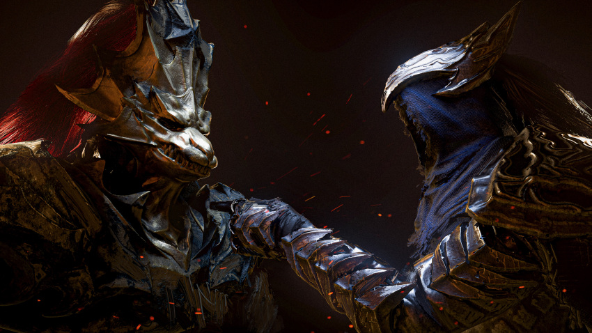 2boys absurdres armor artorias_the_abysswalker commentary dark_background dark_souls dragon_slayer_ornstein from_side full_armor gauntlets gazedsoul helm helmet highres male_focus multiple_boys plume pointing_at_another portrait shoulder_armor souls_(from_software)