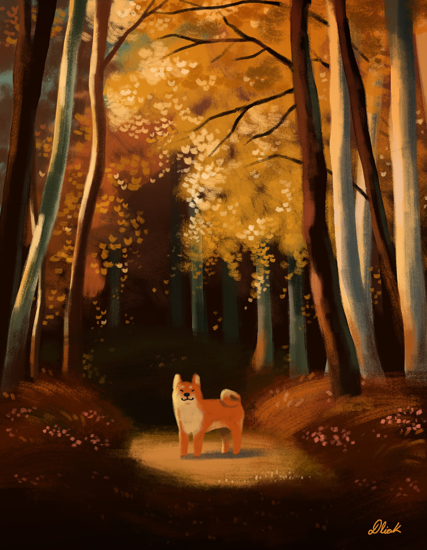 ^_^ animal_focus backlighting closed_eyes closed_mouth dliok dog facing_viewer forest highres nature no_humans no_lineart original outdoors scenery shadow shiba_inu signature smile solo standing tree |3