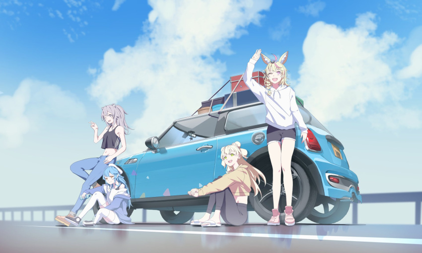 4girls adapted_costume alternate_costume animal_ears bangs black_footwear black_shirt black_shorts blonde_hair blue_bow blue_hair blue_jacket boots bottle bow braid brown_footwear car crop_top cropped_hoodie denim elf fashion fox_ears fox_girl ground_vehicle hair_bow highres holding holding_bottle hololive hood hoodie jacket jeans kuroi_enpitsu lion_ears lion_girl midriff mini_cooper momosuzu_nene motor_vehicle multiple_girls navel nepolabo omaru_polka one_eye_closed orange_hoodie pants pink_footwear pointy_ears purple_eyes sandals shirt shishiro_botan shoes shorts sneakers thighhighs v virtual_youtuber waving white_footwear white_shorts yoga_pants yukihana_lamy