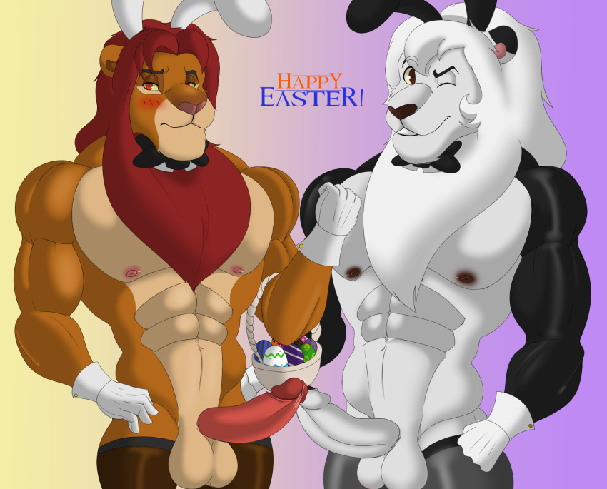 anthro balls barazoku basket biceps blush bodily_fluids bow_tie clothing costume digital_media_(artwork) disney duo egg erection fake_ears fake_rabbit_ears felid foreskin fur genital_fluids genitals gloves handwear hi_res humanoid_genitalia humanoid_penis kimba kimba_the_white_lion klr-rio legwear lion looking_at_viewer male mammal muscular muscular_anthro muscular_male nipples nude osamu_tezuka pantherine pecs penis precum reverse_bunny_costume simba simple_background smile stockings the_lion_king translucent translucent_clothing