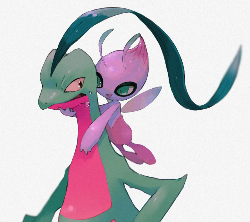 alternate_color antennae brown_eyes celebi colored_sclera commentary_request eye_contact fairy fairy_wings floating full_body fushigi_no_dungeon gen_2_pokemon gen_3_pokemon green_eyes grey_background grovyle hand_on_another's_chin happy highres hug hug_from_behind legendary_pokemon looking_at_another looking_back mariya_(mn_436) mythical_pokemon nervous open_mouth pokemon pokemon_(creature) pokemon_(game) pokemon_mystery_dungeon shiny_pokemon simple_background smile sweat upper_body wings yellow_sclera