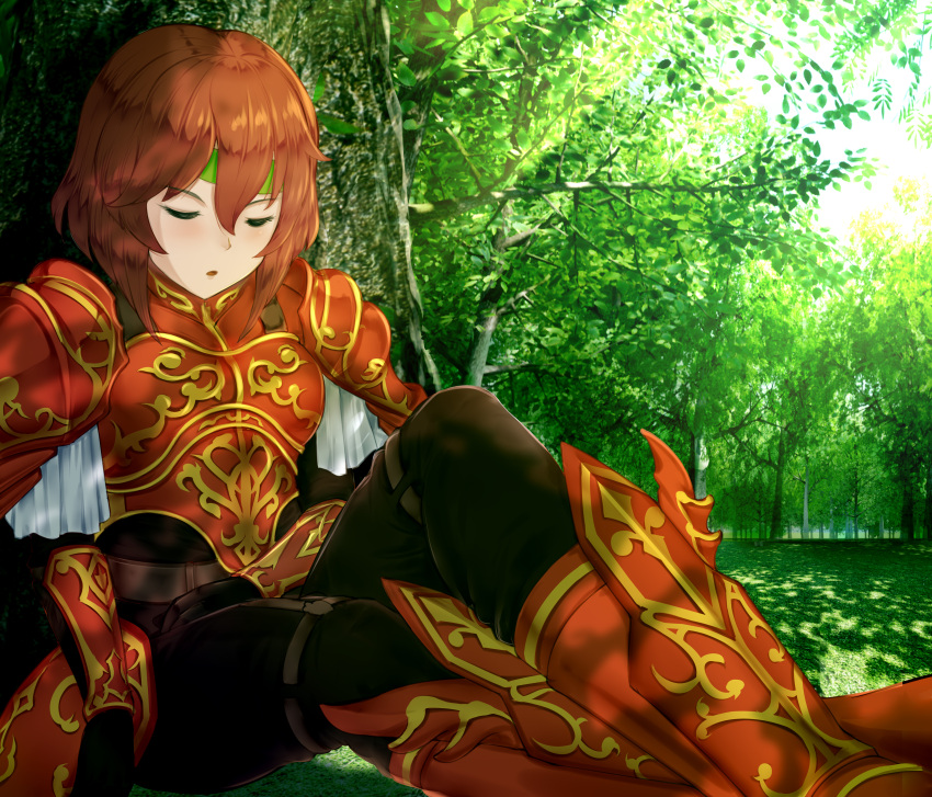 1girl absurdres armor black_legwear breasts closed_eyes fire_emblem forest green_headband headband highres makumaxu medium_breasts medium_hair minerva_(fire_emblem) nature outdoors parted_lips plate_armor red_armor red_hair sleeping solo tree under_tree